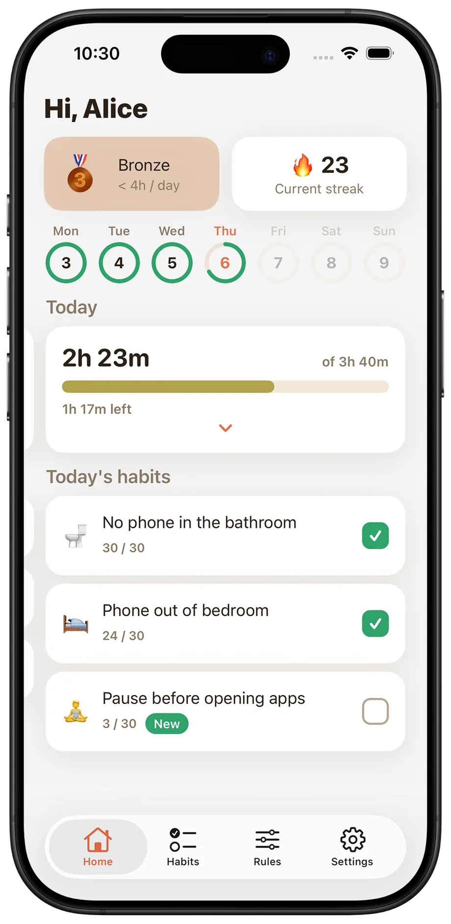 The HourBack home screen: today's usage measured against a 3h 40m daily limit, a 23-day streak, and today's habits.