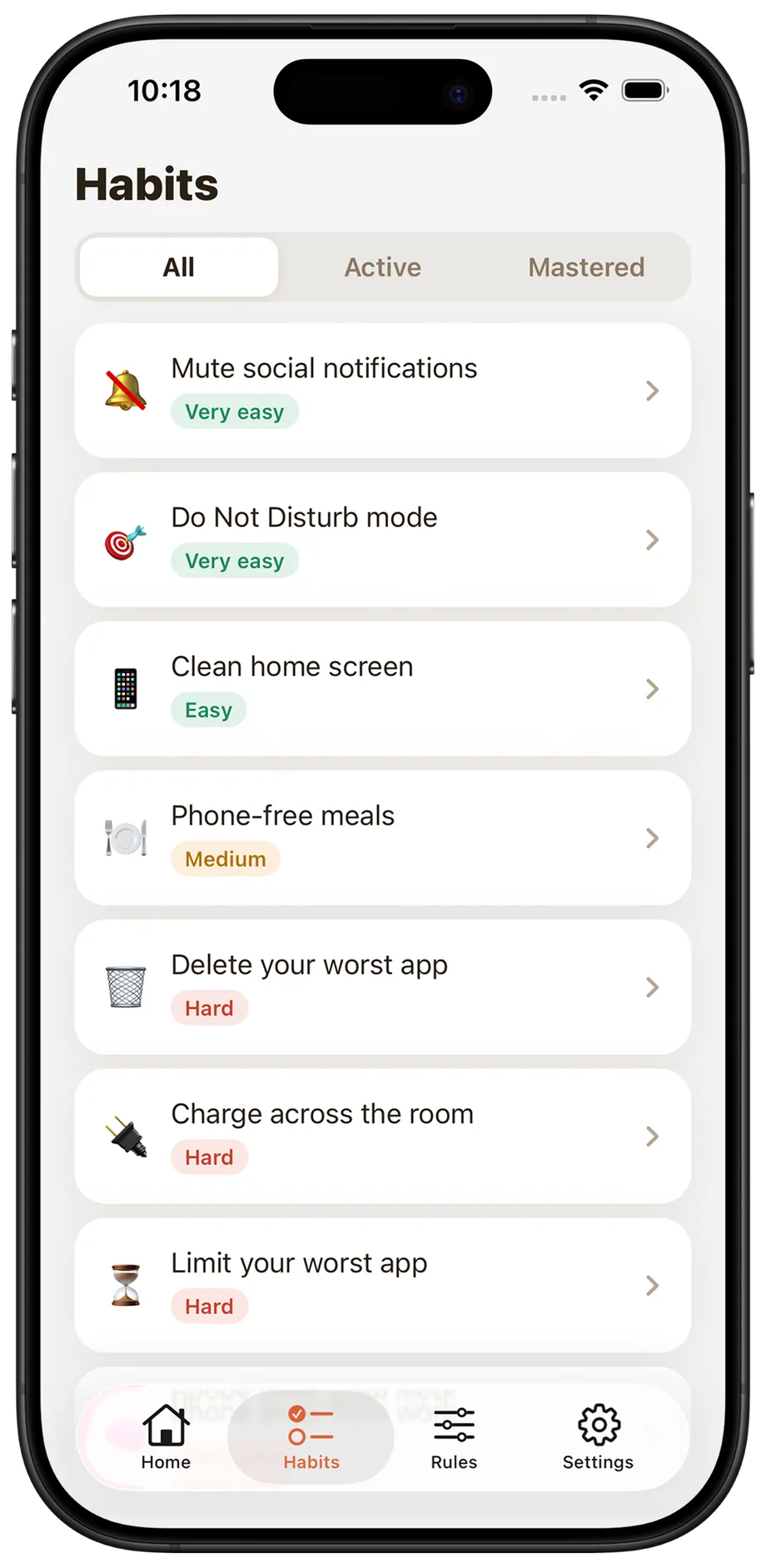 HourBack habit library, with habits tagged by difficulty, and a habit's detail page