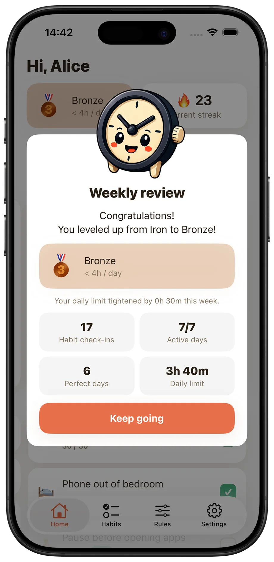 HourBack weekly review showing a level-up with the week's stats, and the progress calendar